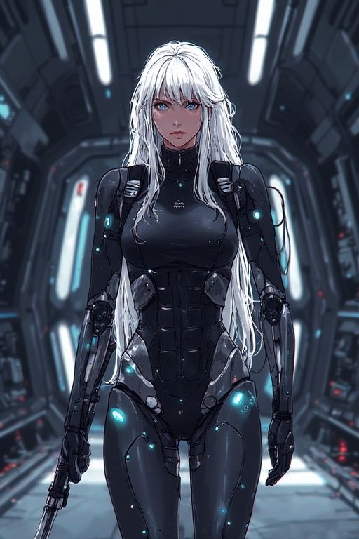 A STRIKING FEMALE SPACE BOUNTY HUNTER WITH LONG WHITE HAIR I...