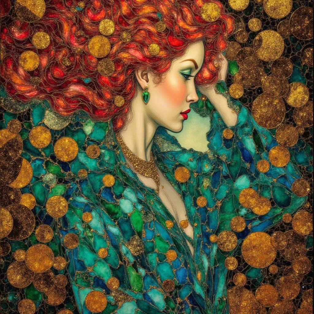 Ocean goddess, gold, teal and crimson hues, in Klimt style <lora:Earth and scratch:1.0>