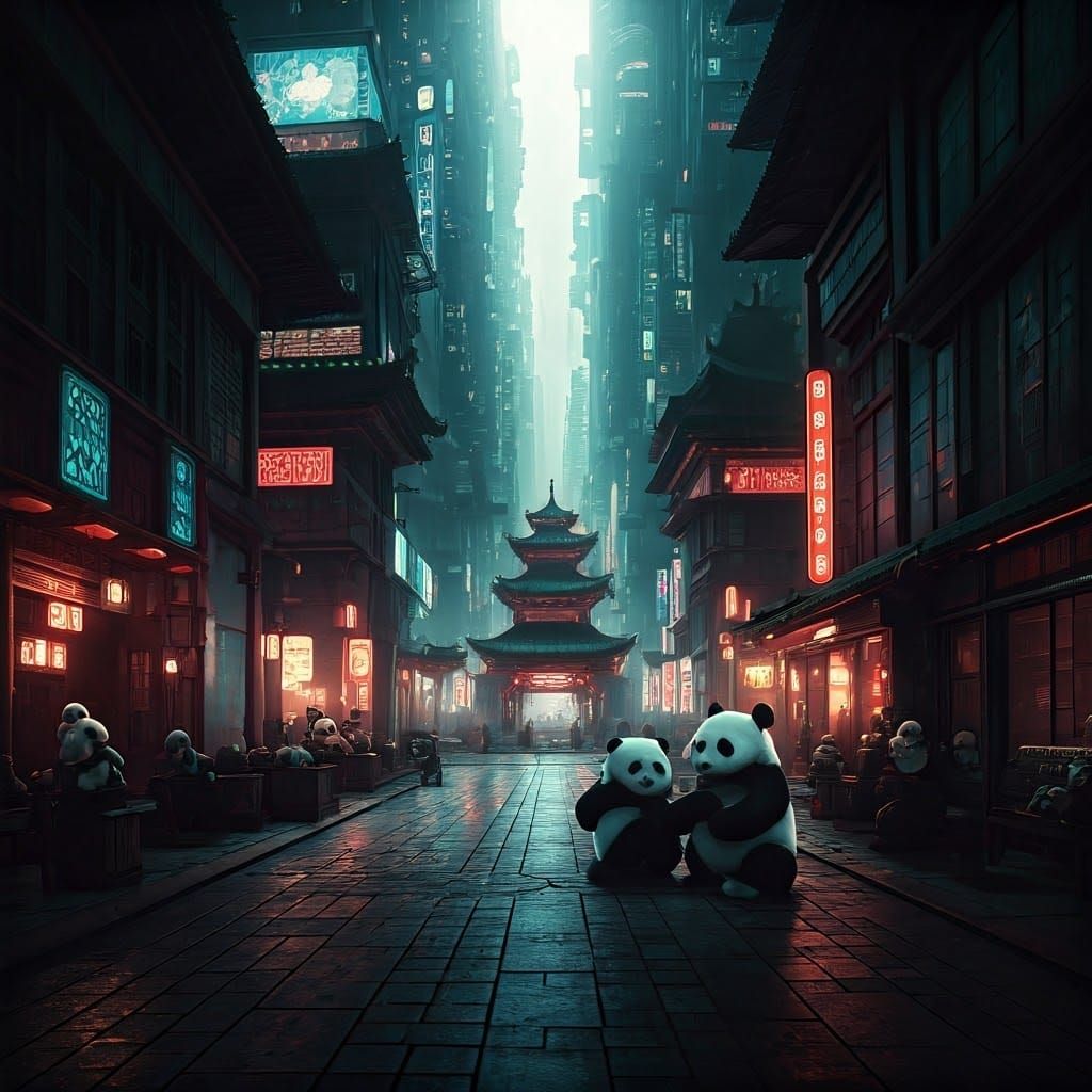 Panda Bears in a Vibrant Metropolis