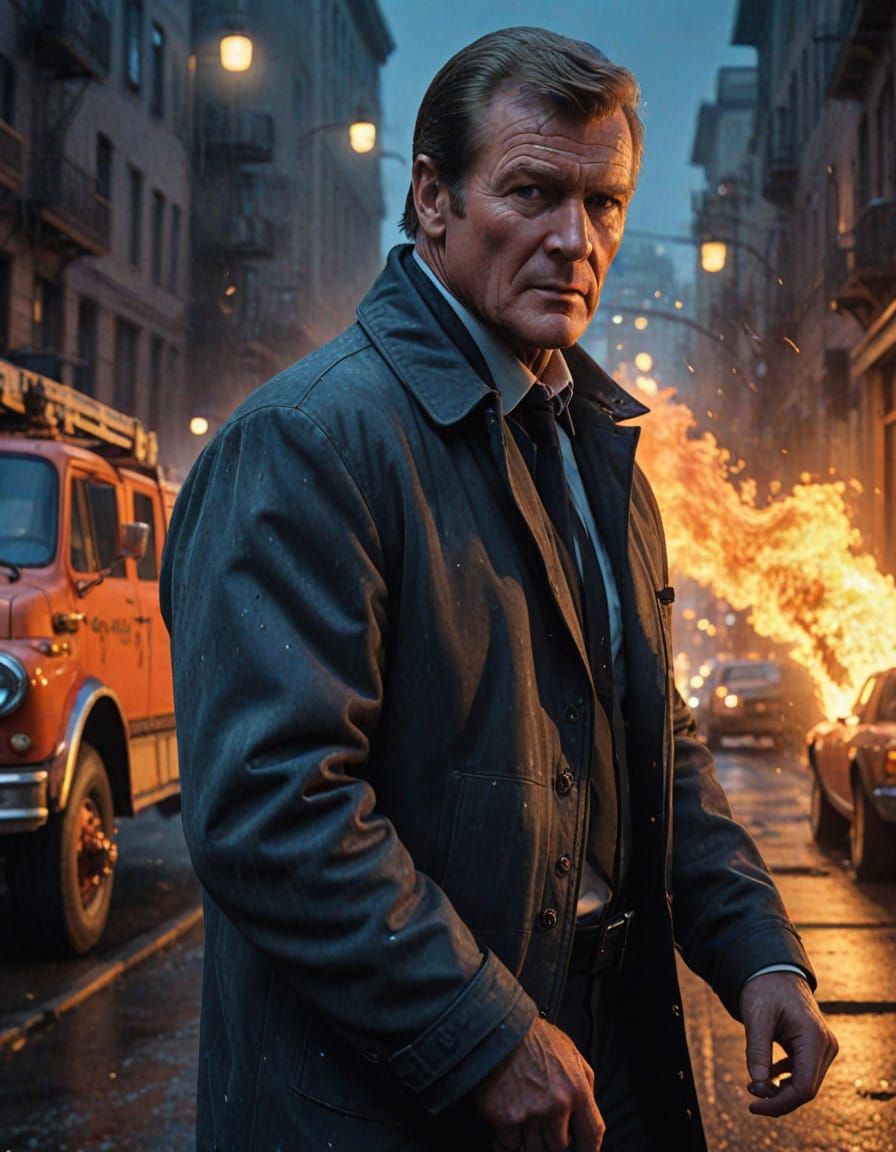 Roger Moore cinematic film still. close-up shot. James Bond in dark casual wear for an evening in San Fransisco. He is h...