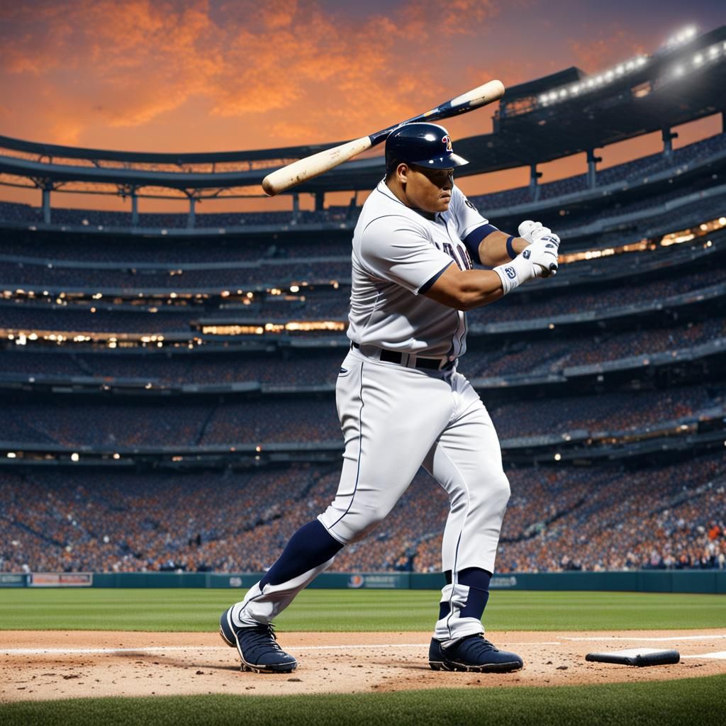 Miguel Cabrera with a baseball bat, baseball stadium backgro...
