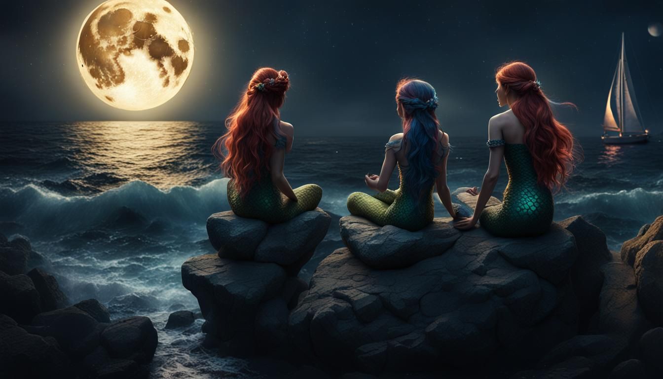 Two mermaids, sitting on rocks, at night, under a full moon, facing the sea, singing to a lone passing sailboat, close u...