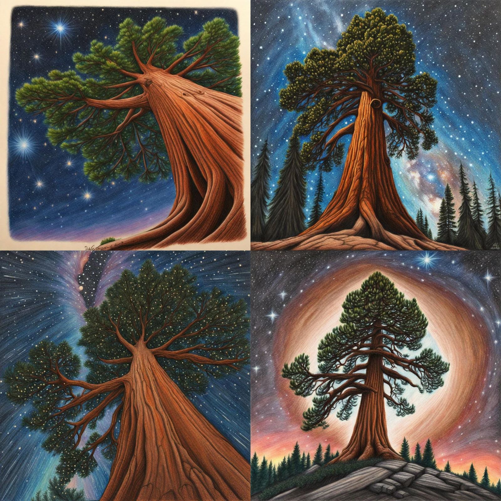 Sequoia tree reaching into stars in colored pencil,