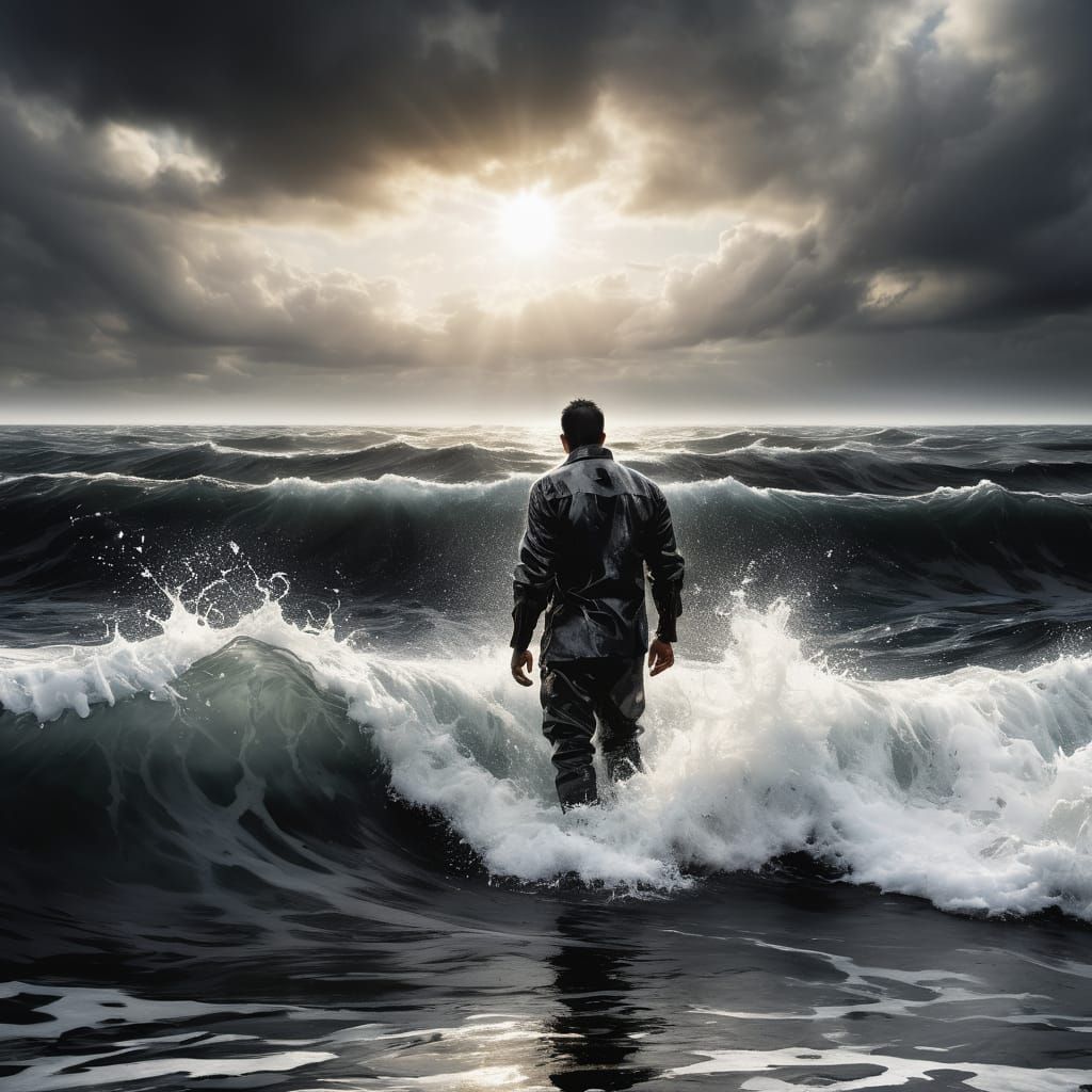 A man  emerges from turbulent ocean waves