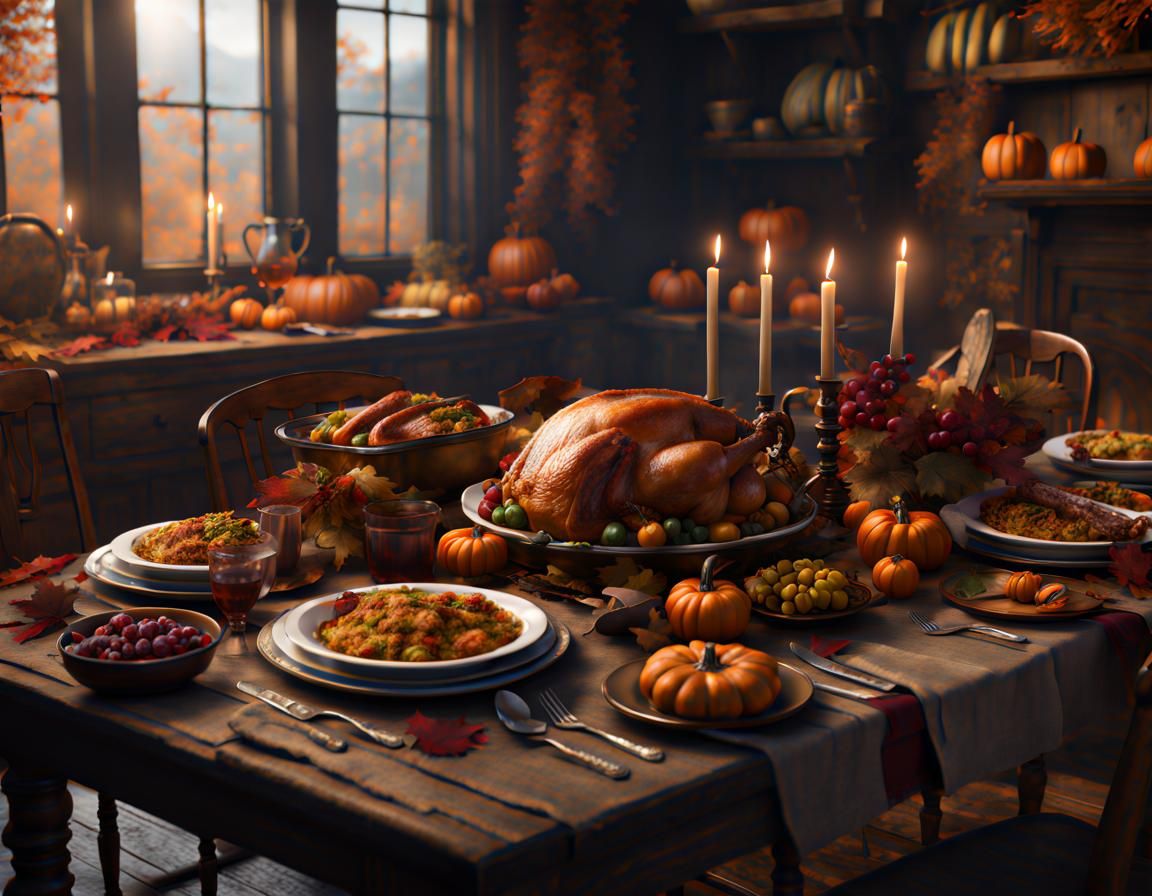 Early American Pilgrim Thanksgiving Feast, tablescape, detailed matte painting, deep color, fantastical, ...  by @undefined