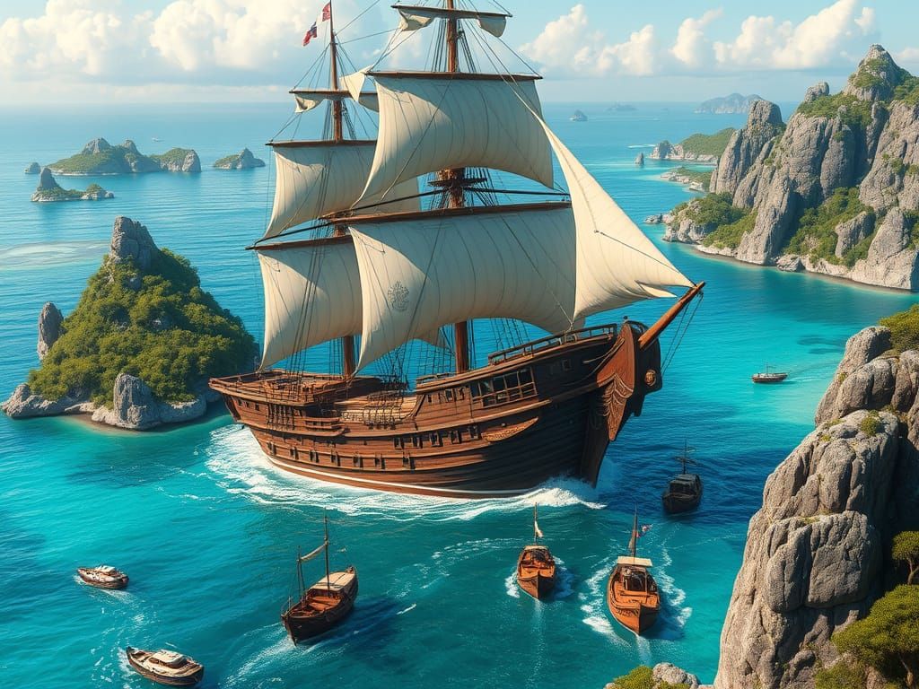 A detailed, vibrant CGI scene of a massive, old-school wooden sailing ship with billowing sails cruising through crystal-clear turquoise wat...
