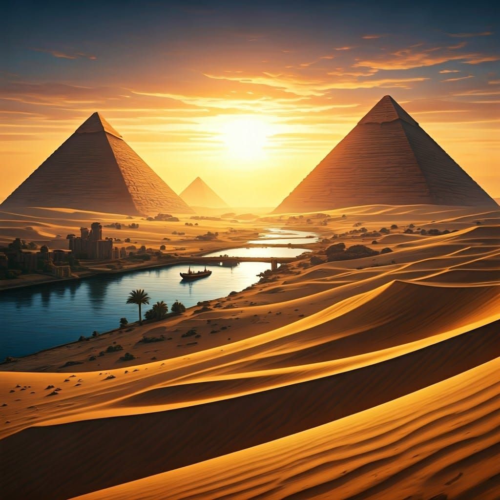 Egyptian Pyramids Rise Above Golden Dunes at Sunset