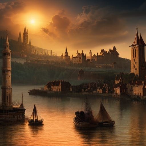 Medieval village skyline across the water at sunset