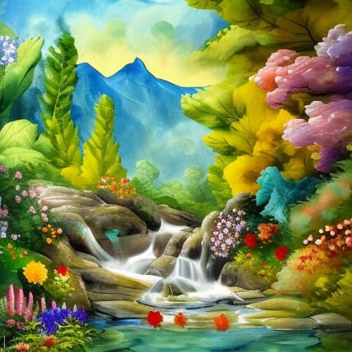 Secret flower garden with a mountain stream watching the fis...