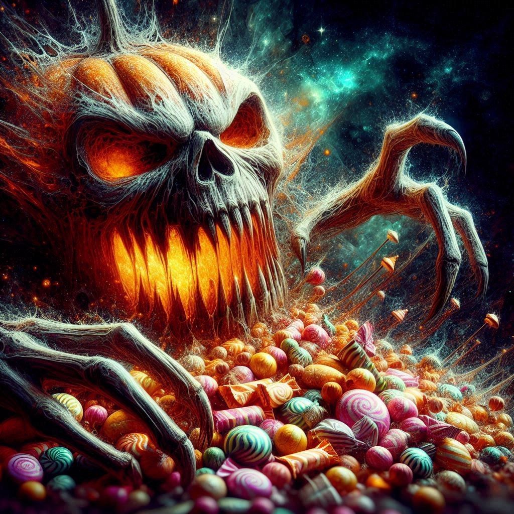 Mr Pumpkin eating a pile of candy