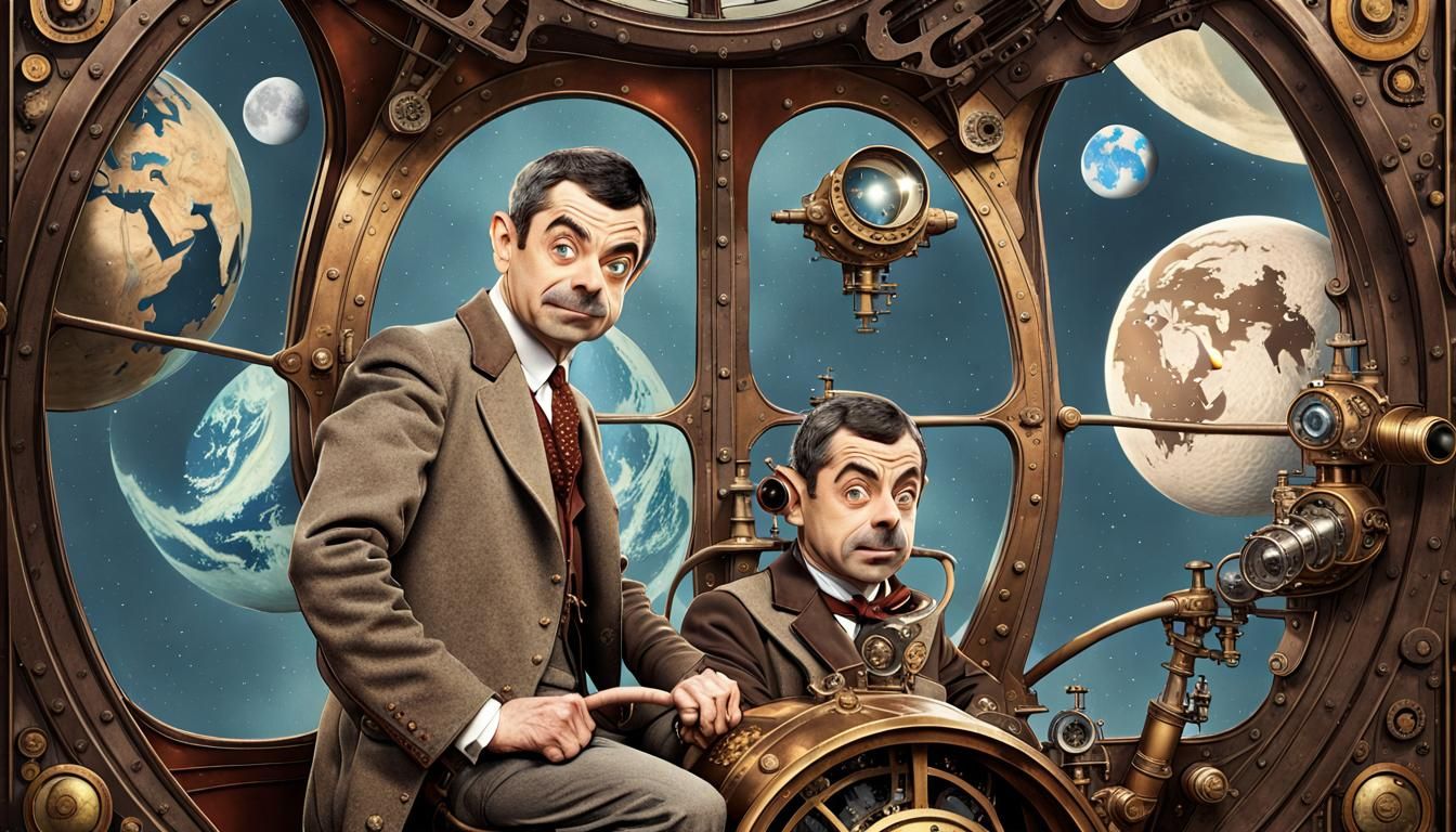 Rowan Atkinson as Mr Bean on a steampunk rocketship - why two? Oh ...