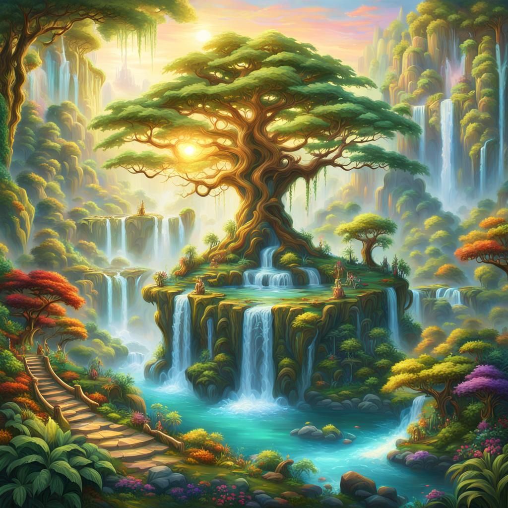 Ethereal Fantasy Landscape with Mystical Tree
