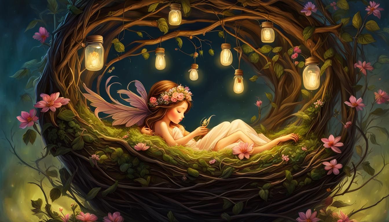 Pretty small sleeping fairy inside of a nest, nest in a jar, little ...