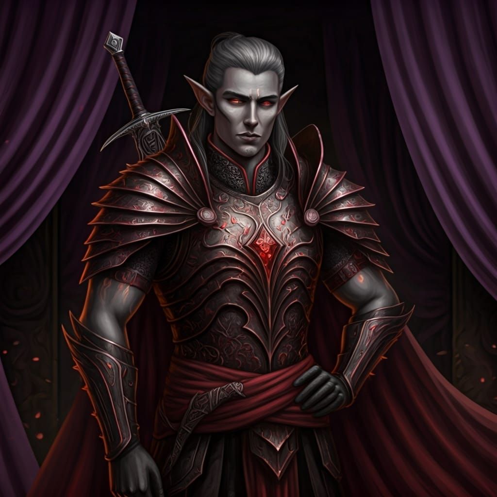 Dark elven male guardian in fitted silkmail armor with crimson and obsidian patterns, armored collar and shoulder plates, bare forearms with...