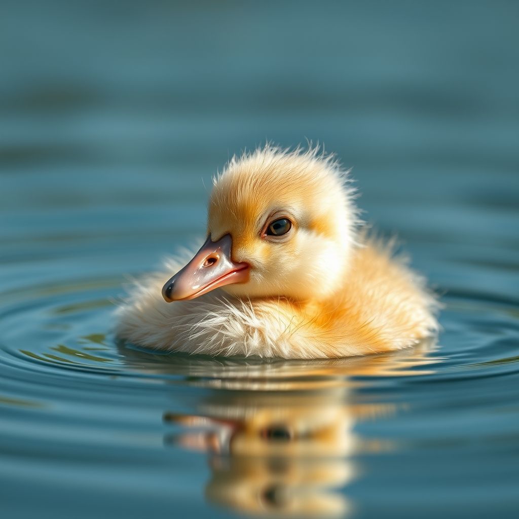 A close-up portrait of a duckling swimming in calm