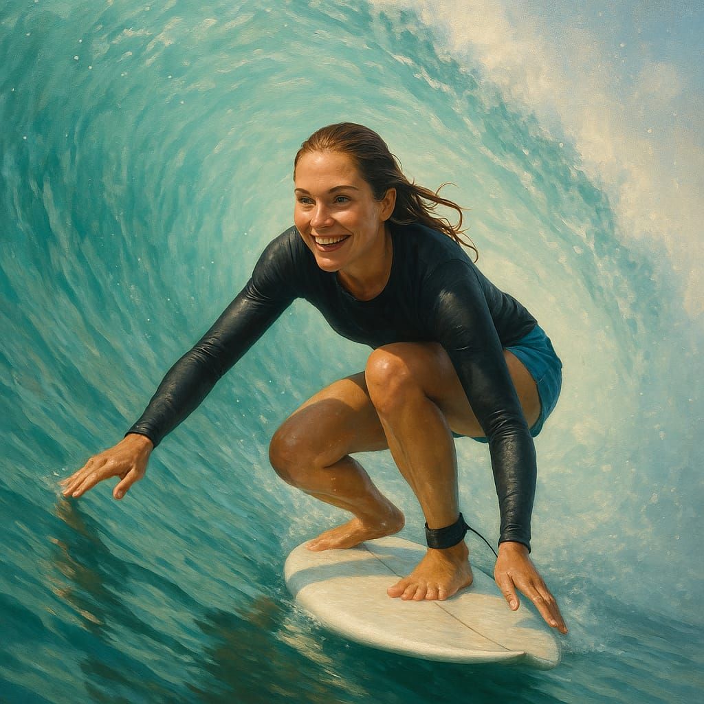 A photorealistic 1:1 image of a surfer riding inside a trans...