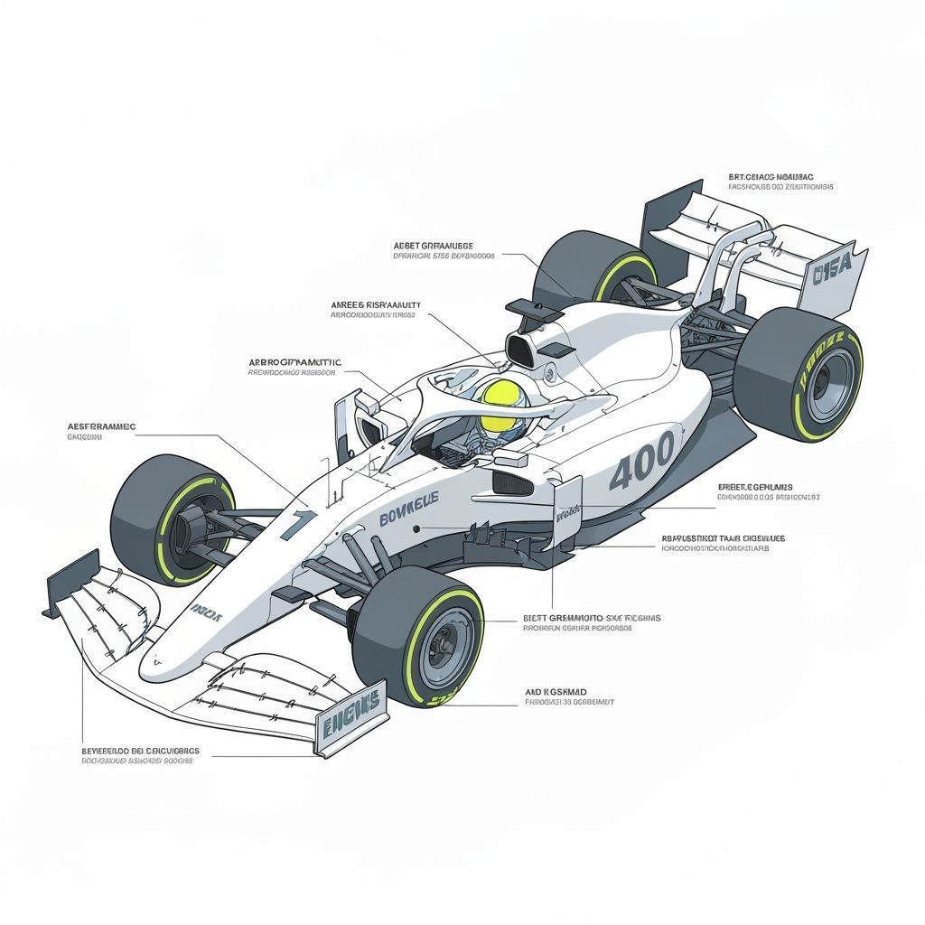 A highly detailed technical diagram of a next-generation Formula One car, showcasing its advanced aerodynamics, engine components, and suspe...