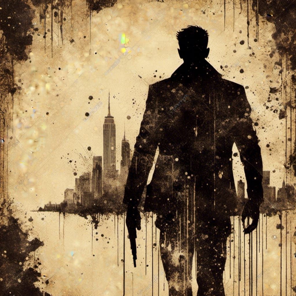  <lora:MixedMediYum:1.0> noir. silhouette male. cinematic. dystopian, movie poster