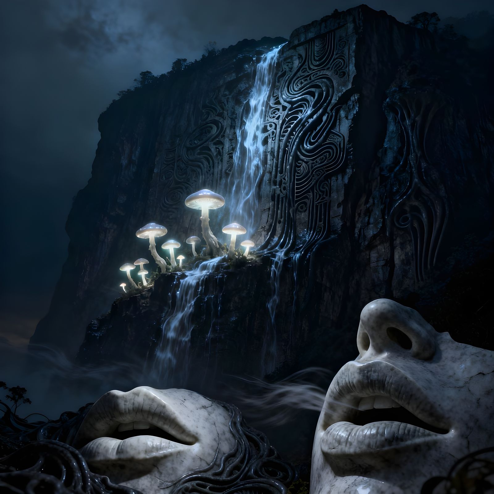Ancient Cliff Carved with Water, Lit by Mushrooms