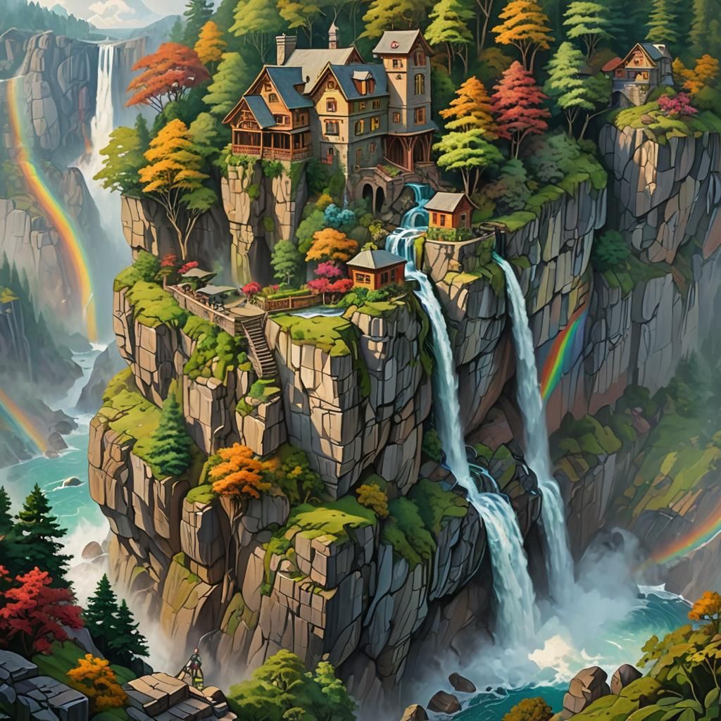 Fantasy Waterfall Scene with Rainbow Mist