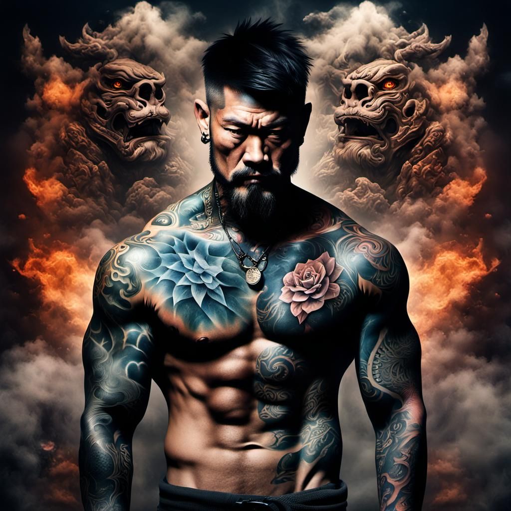Tattoo artist posing in a dark studio