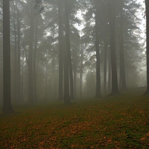 forest at dusk with fog