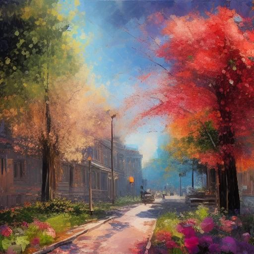 <lora:ImpressCitySD15:1.3> Busy City street, people in the street, sunny day sun clouds 