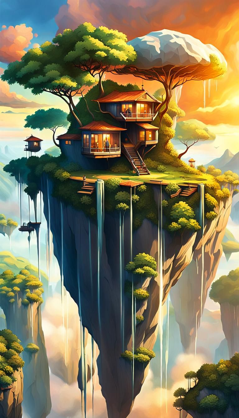 Surreal floating island suspended in the sky, featuring a mix of organic and abstract elements