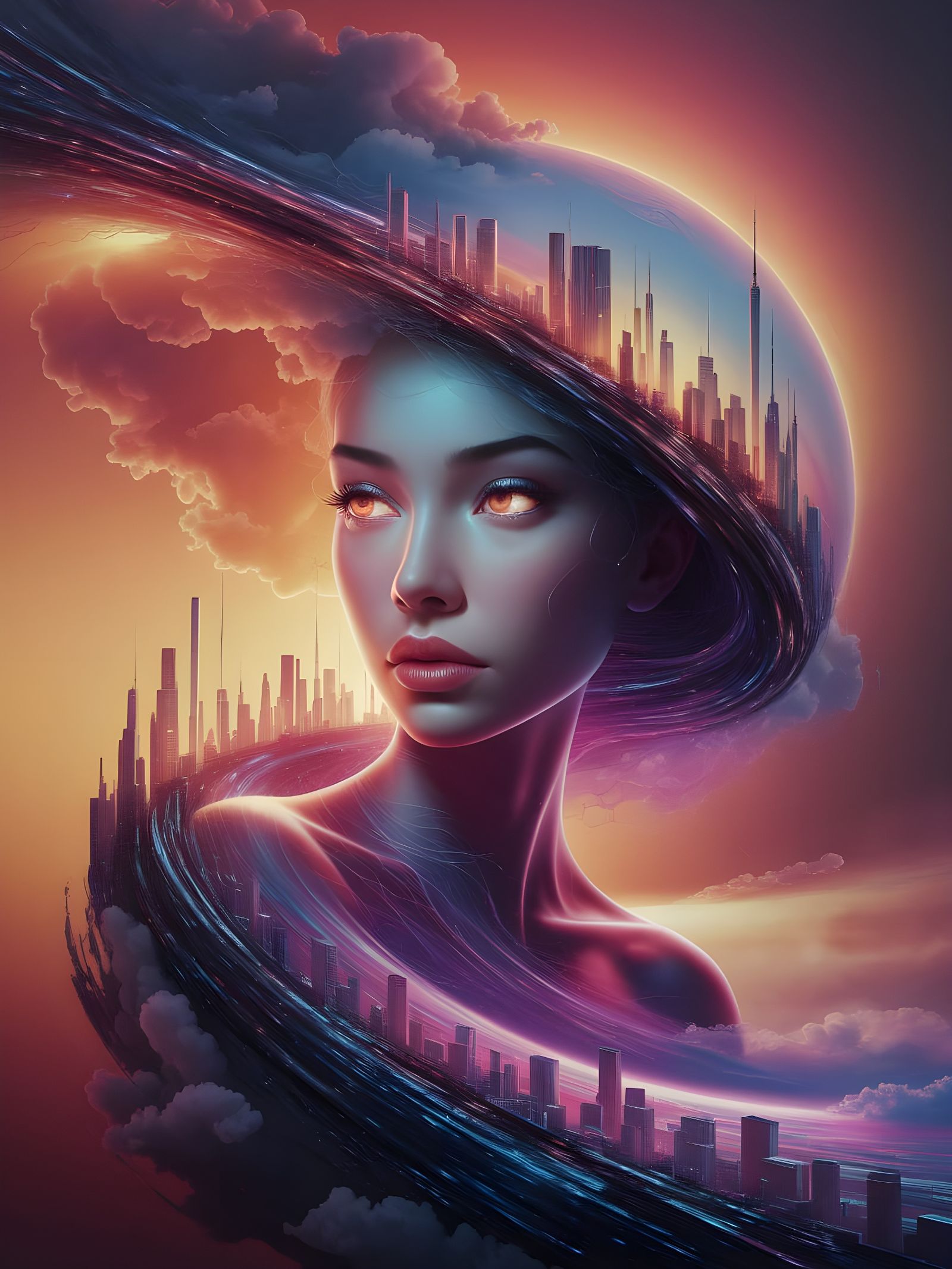 Dreamlike Cityscape Portrait in 80s Airbrush Style