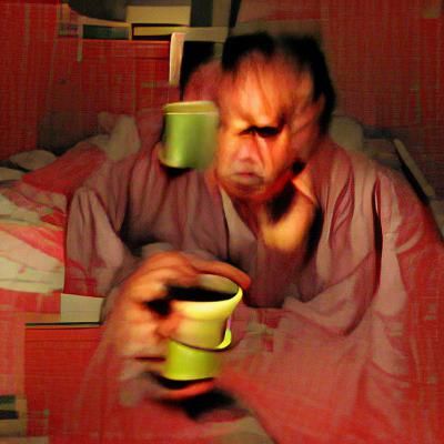 Man drinking tea intensely at 4 am in the morning, with furi...