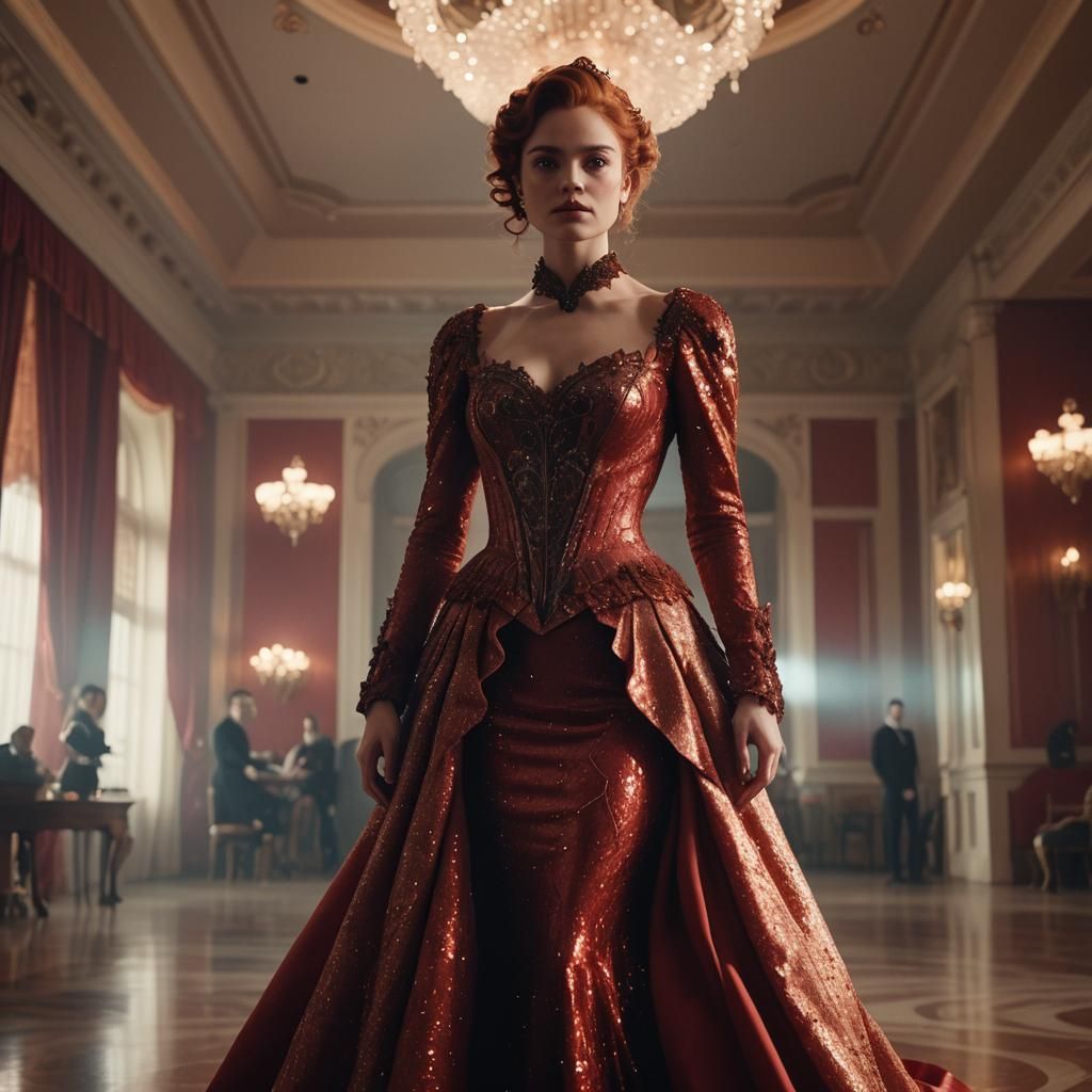 She wears a long sleeved scallop neckline dress, with an enc...
