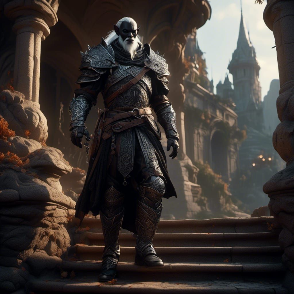 <lora:Ethnic Fantasy:1.0> a pudgy drow bureaucrat standing on the stone steps of a town hall with a smug look on his face, Drow-elf, Photo_r...