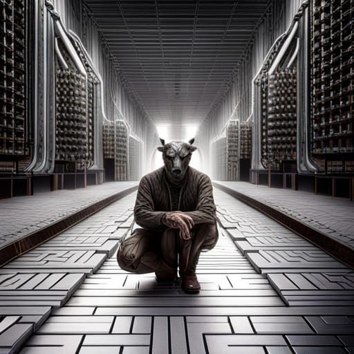 Cyber Minotaur in Maze, dystopian