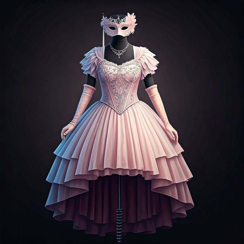 A whimsical yet elegant fantasy masquerade gown for a woman, displayed on a mannequin. A gradient of pastel pinks and purples in a cascading...