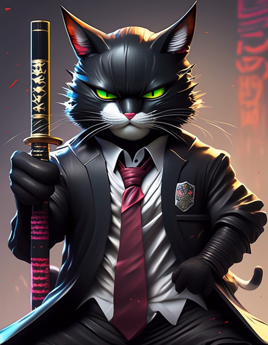 Samurai cat working at the office.  by @Mathoon Upanisakorn