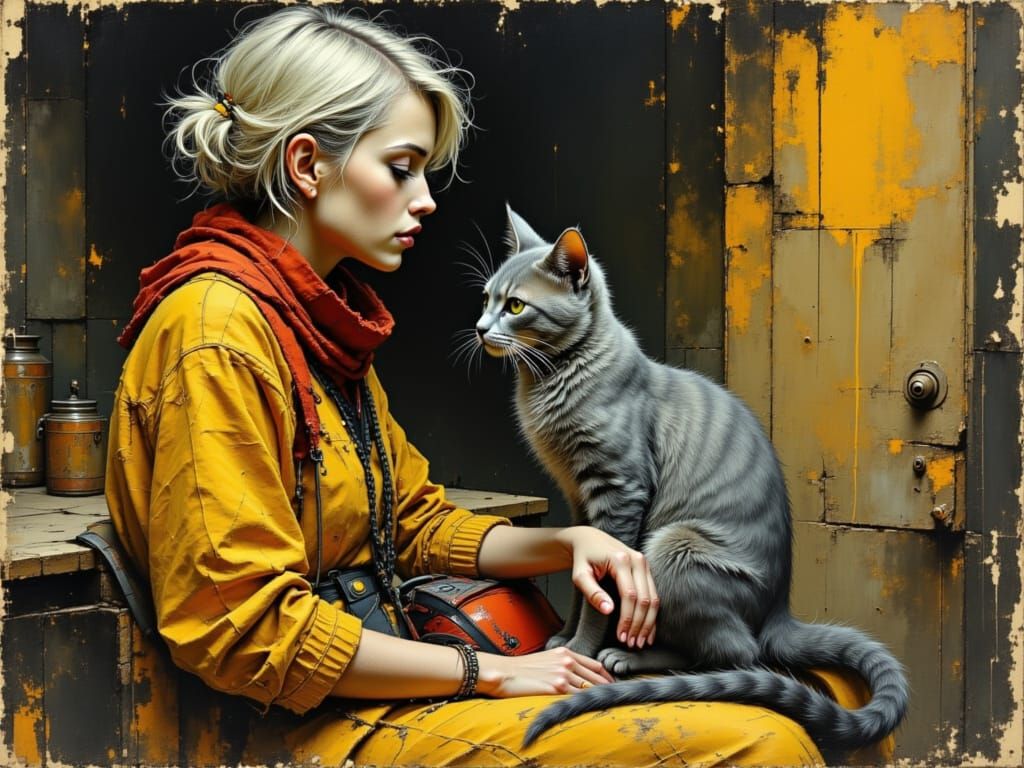 Elderly Transwoman with Cat in Expressive Style