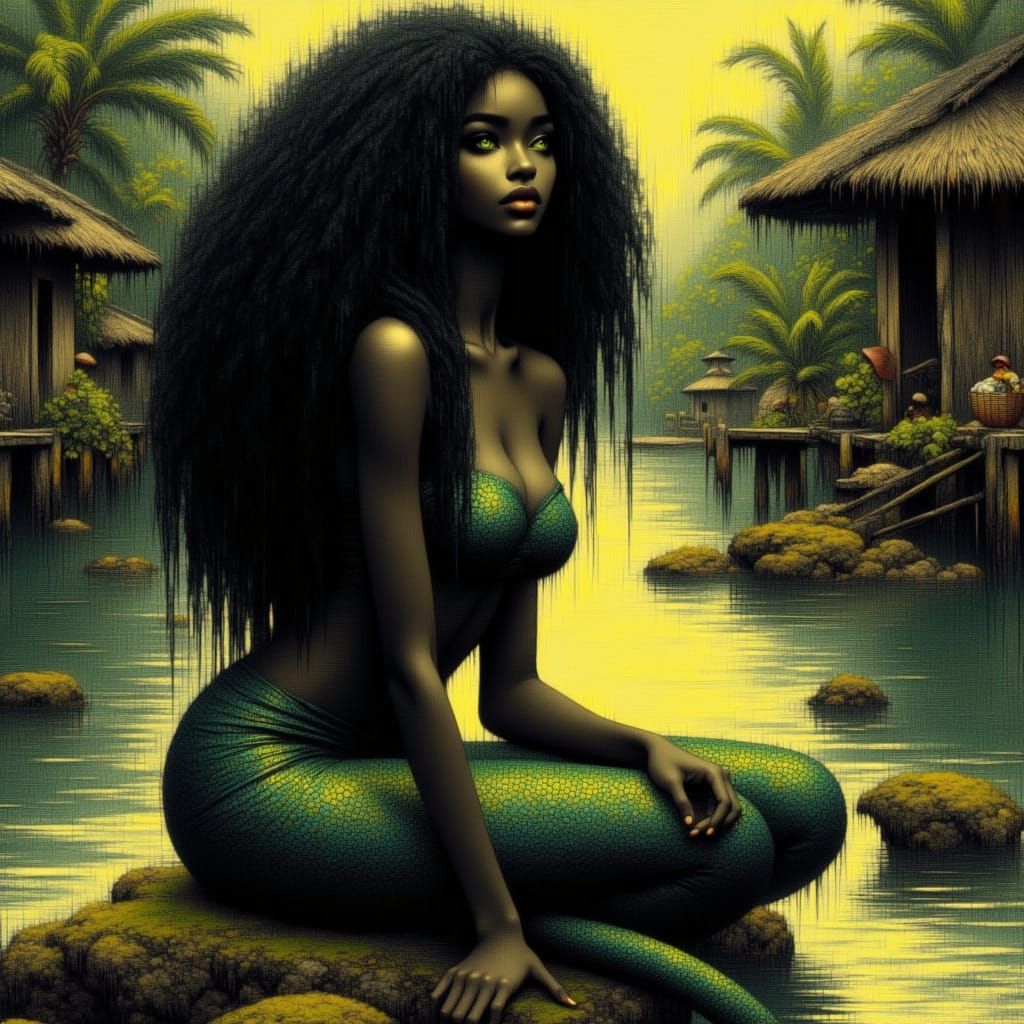 A serene portrait of a beautiful Mami Wata, African goddess of water, with a woman's face and bust and a mermaid's shiny tail, sitting grace...