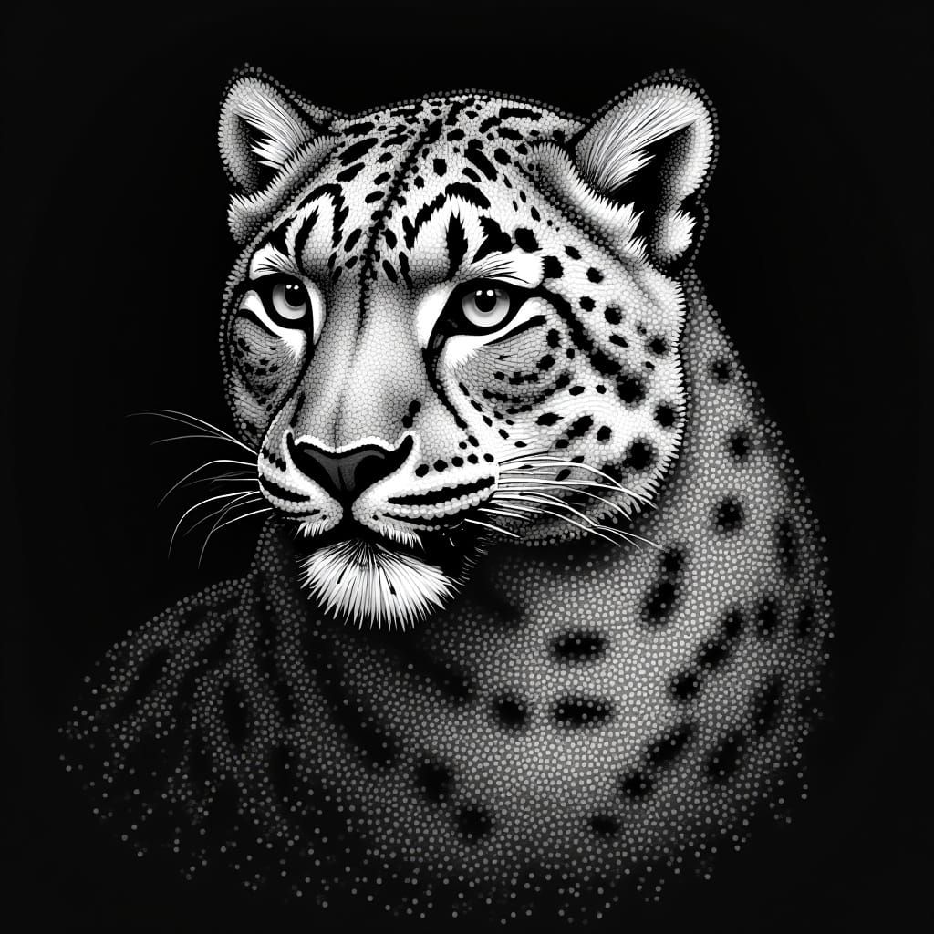 A stipple art drawing of a snow leopard