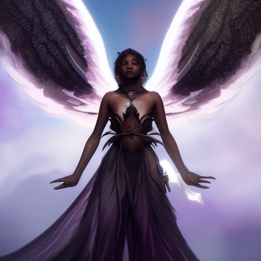 An angel with black skin, white eyes, curly black hair, and ...