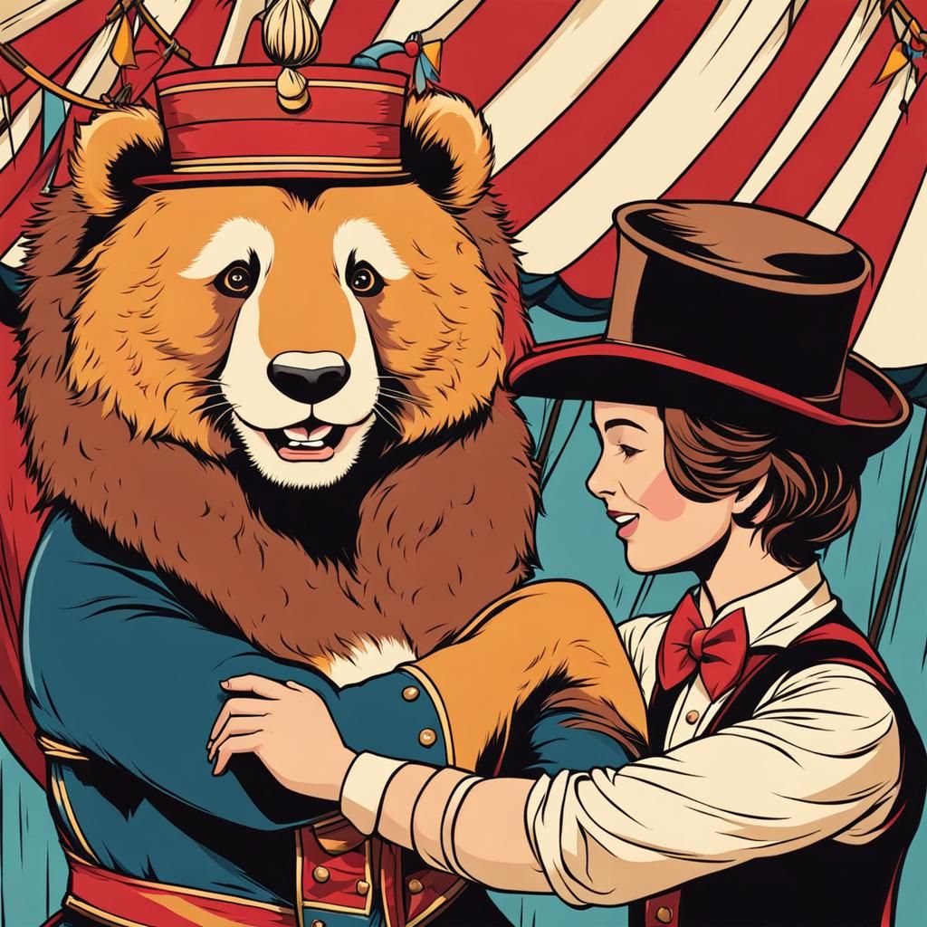 sweet and cute panda bear tamer petting a fierce bear in a c...