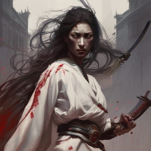 caucassian women. blood. samurai sword. angry. masterpiece, ...