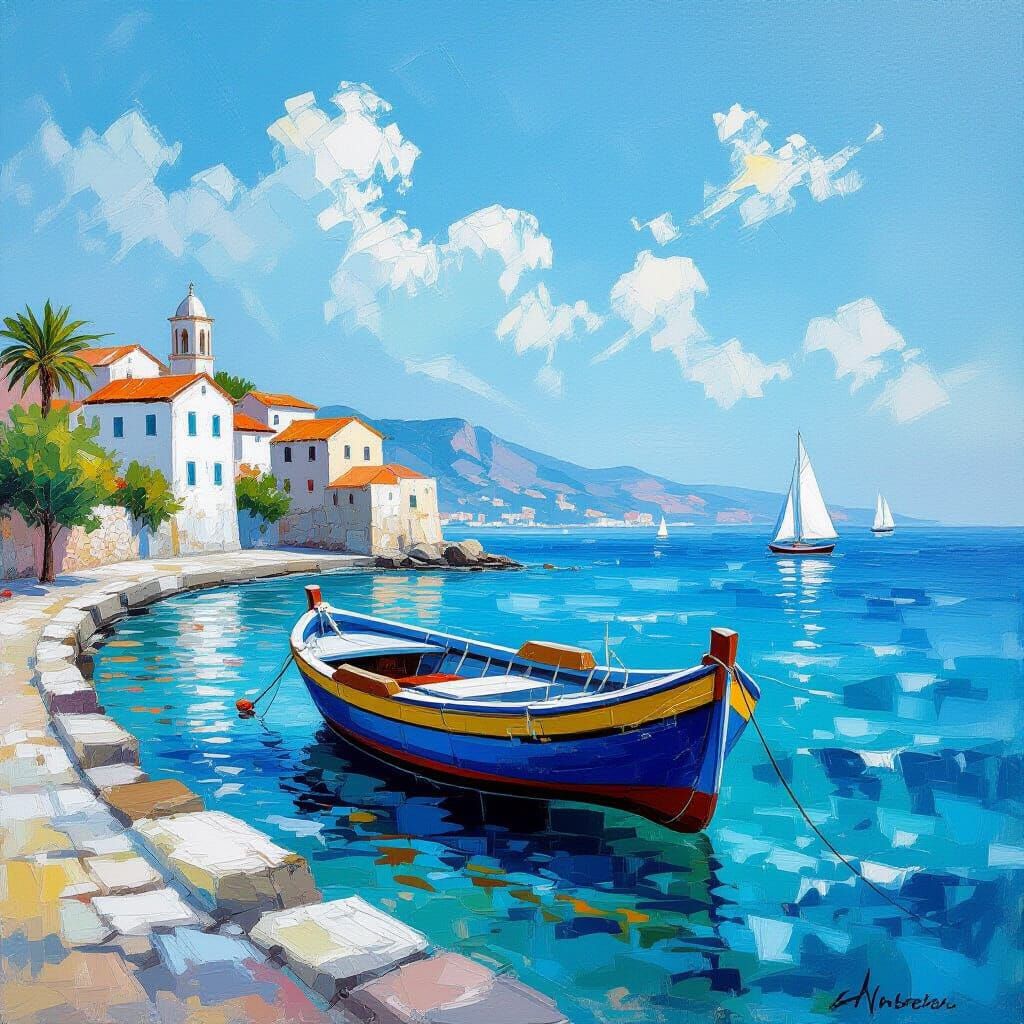 Tranquil Sea, Sky, and Shore with Small Boat Oil Painting