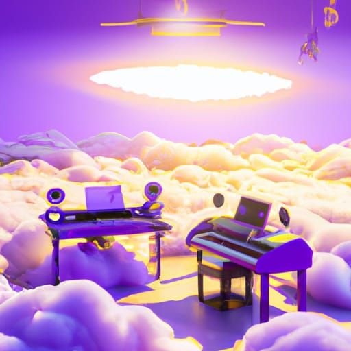 Recording studio in the clouds artist and producer two persons purple keyboards laptop studio monitors spotlight heavenl...