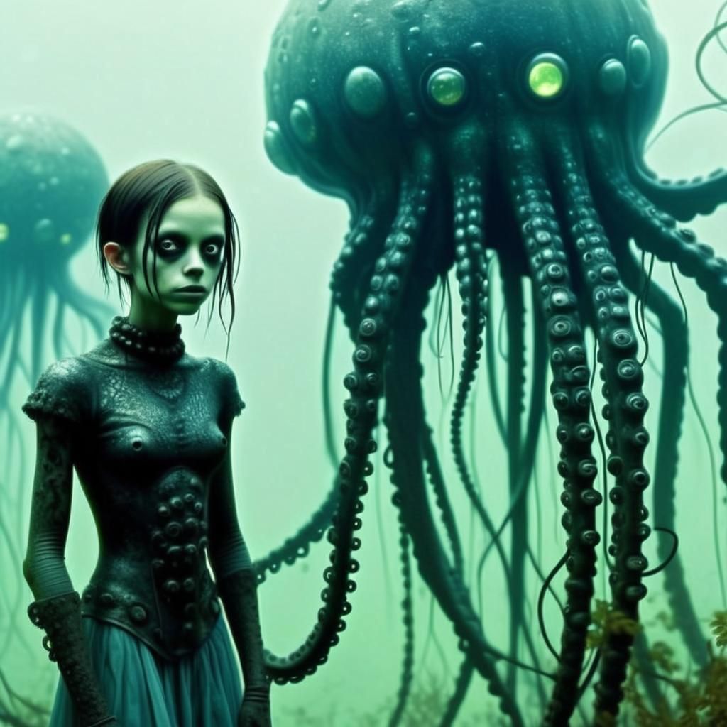 Mythic Octopus Rider in Dreamlike Underwater Garden