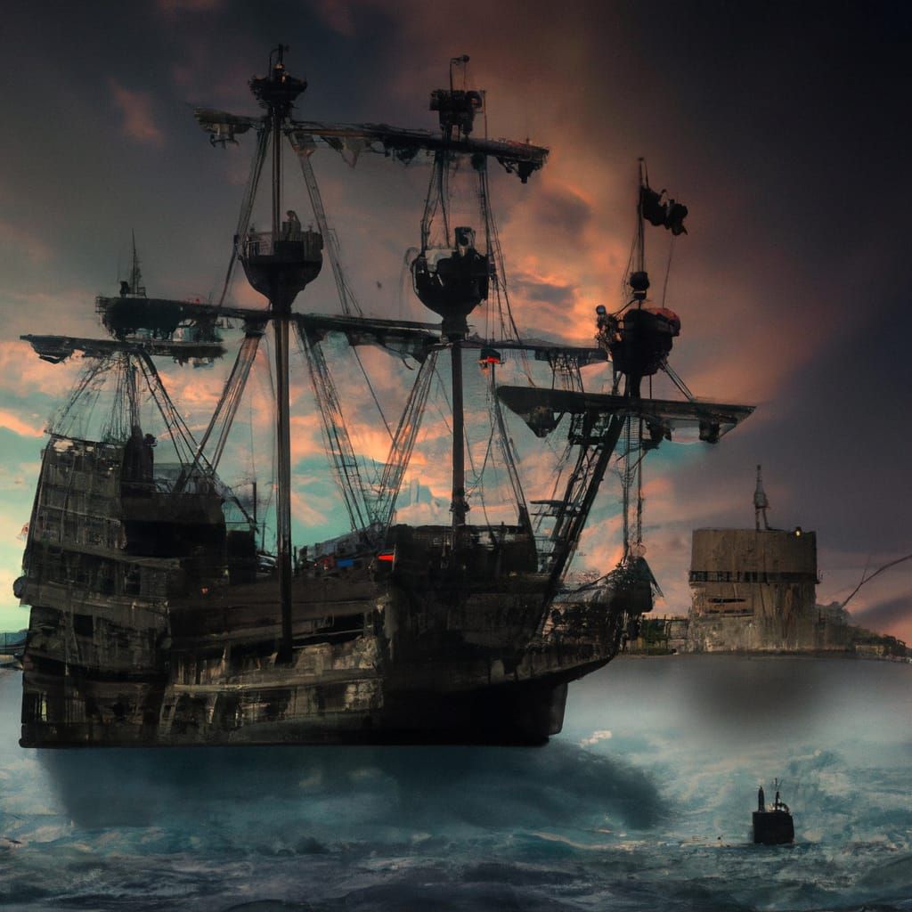 pirate ship in the port of iraklion with the fortress of kou...