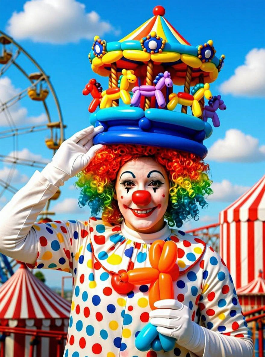 clown wearing tied balloon carrousel hat   by @David Myers