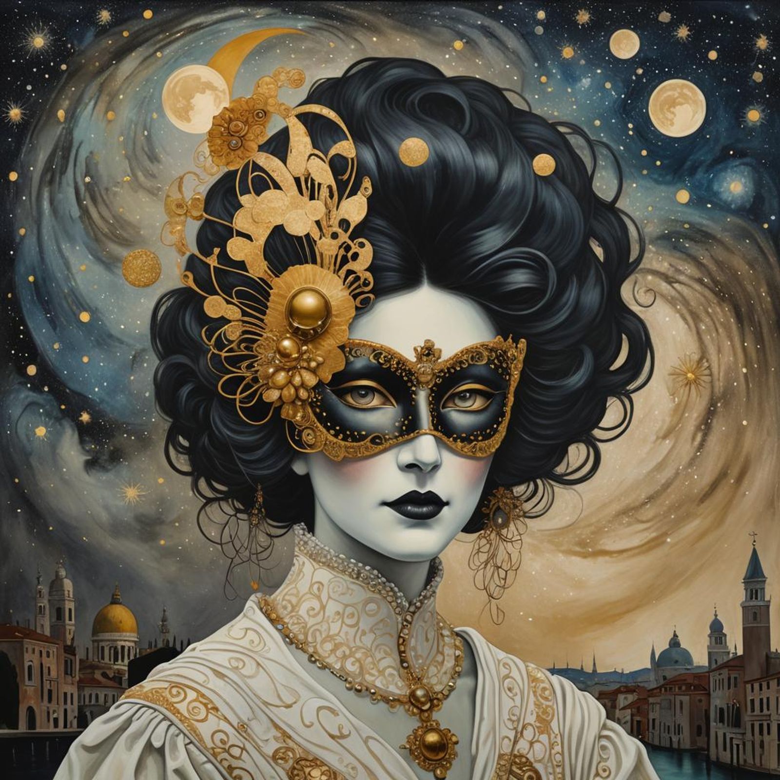 woman in Venice wearing a Venetian masquerade ball moon mask and a big ...