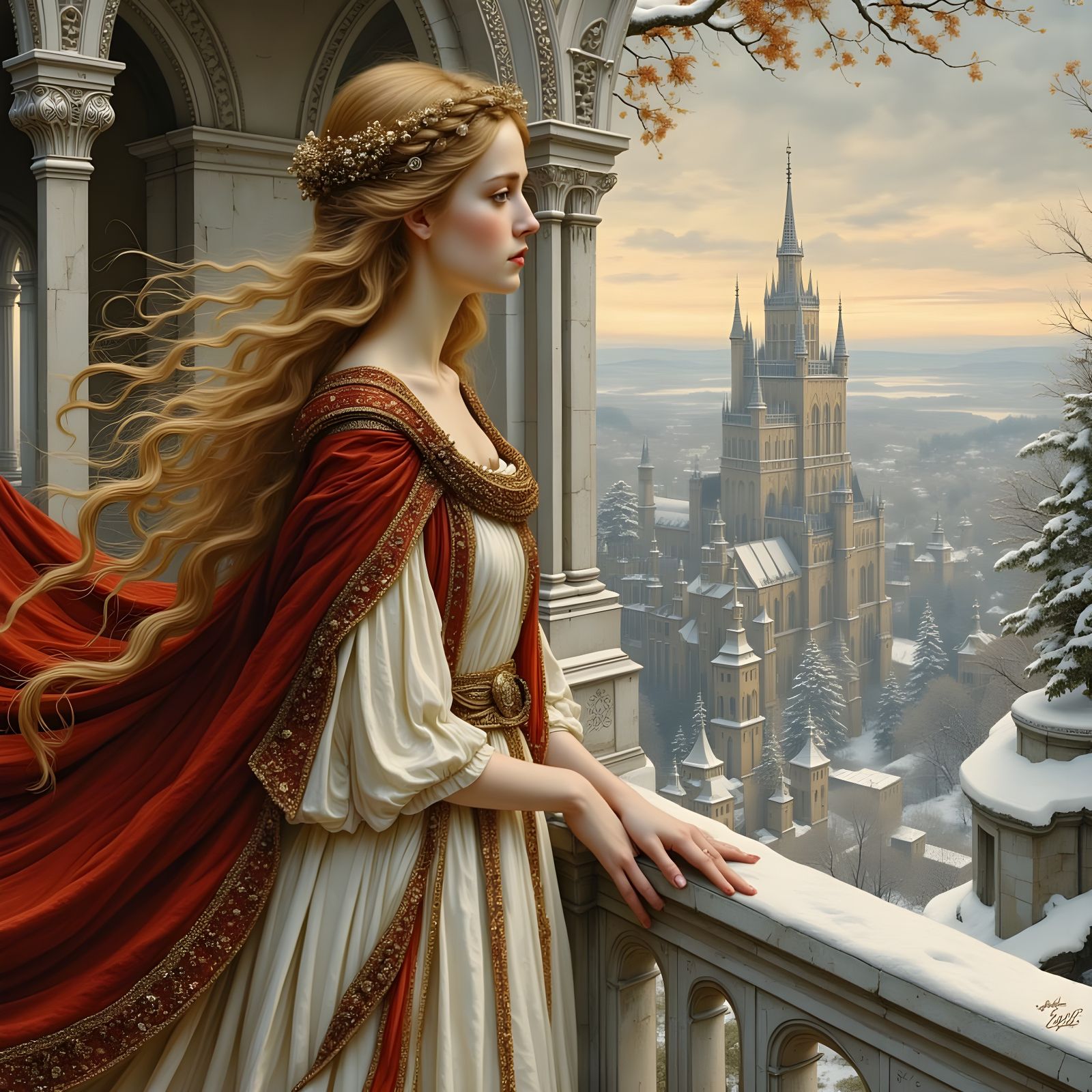 Medieval Beauty Gazing at Snowy Landscape