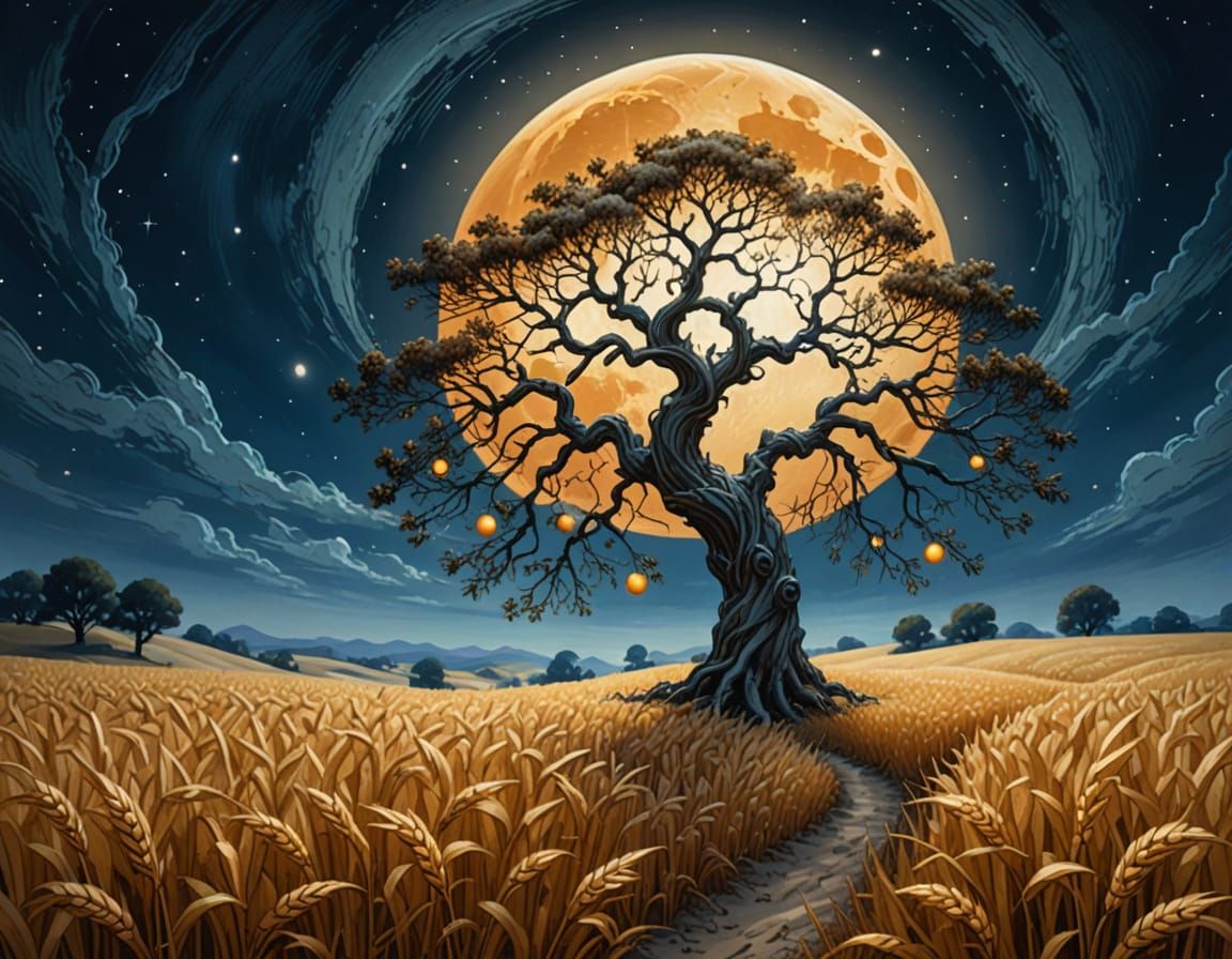 An ancient, gnarled tree, its branches heavy with glowing, ethereal fruit, stands sentinel in a field ...  by @Ankh