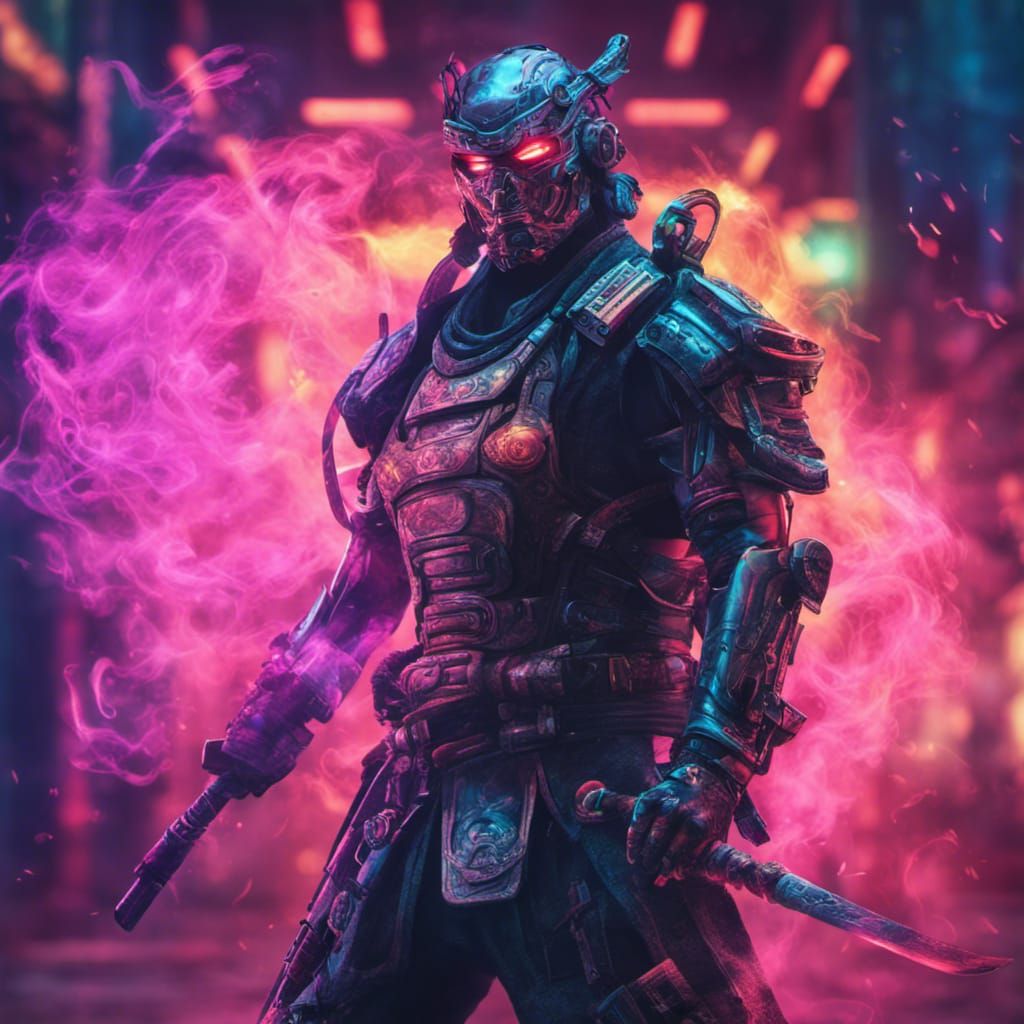 cyborg samurai with smoke swirling around him, cyberpunk sty...